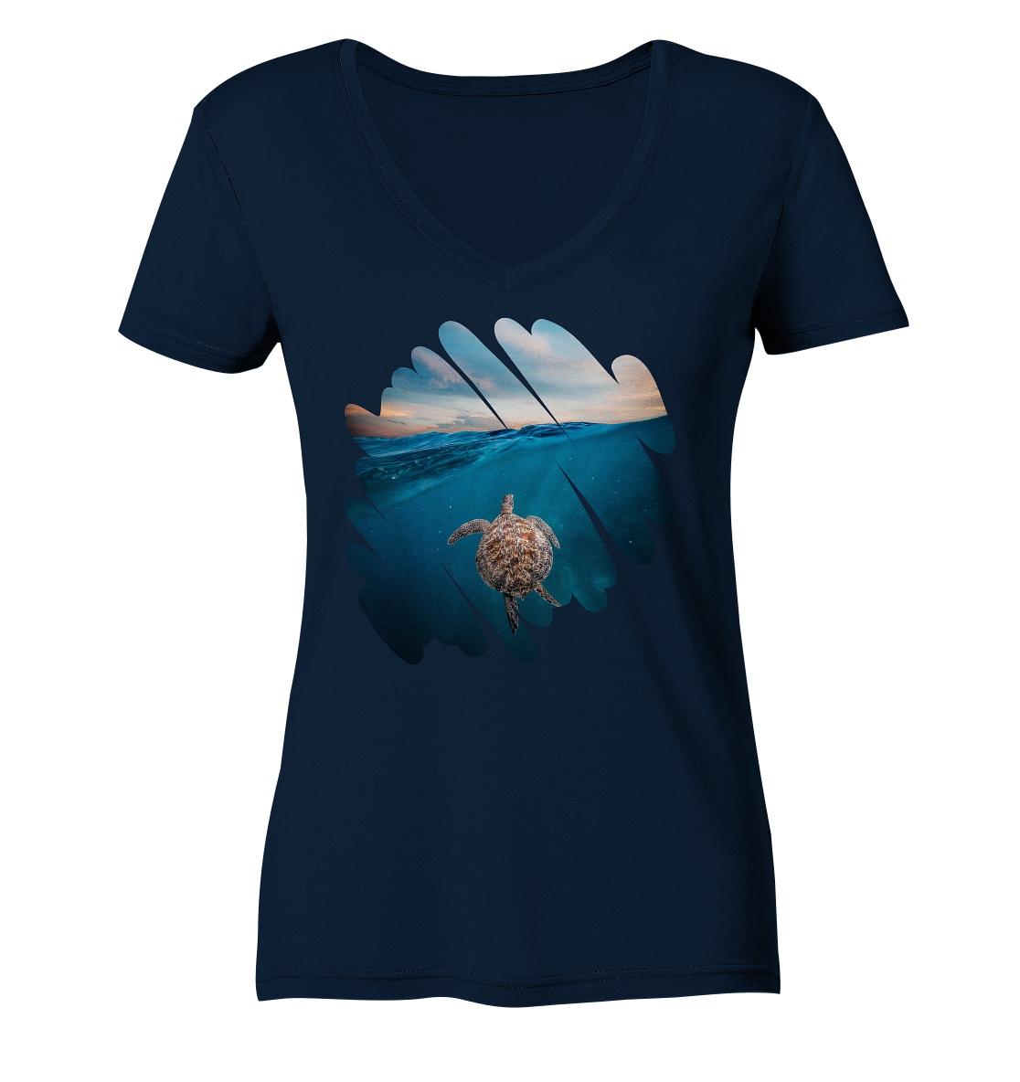 Sea Turtle and Sunrise  - Ladies Organic V-Neck Shirt